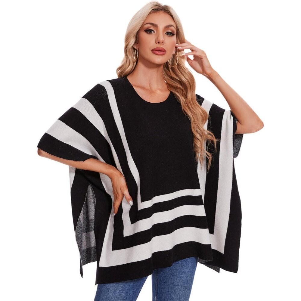 Women's Jacquard Pullover Poncho Sweater Cozy Warm Travel Casual Wear